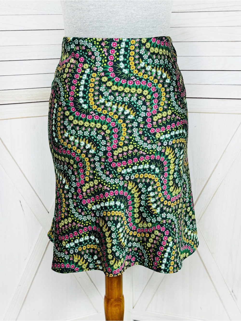 Loft Ditsy Floral Satin A Line Mini Skirt Black Multi Small Y2K Boho Maximalist